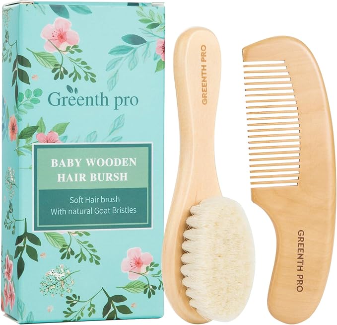 Baby Hair Bush and Comb Set -Nature Lotus Wood with Soft Goat Bristle and Pear Wood Comb for Newborns & Toddlers, Ideal for Cradle Cap