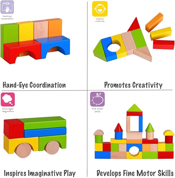 Pidoko Kids Wooden Blocks - 100 Pcs - Building Blocks for Toddlers - Includes Storage Container with Shape Sorter Top - Hardwood Plain & Colored Wood Blocks - Preschool Block Learning Toys