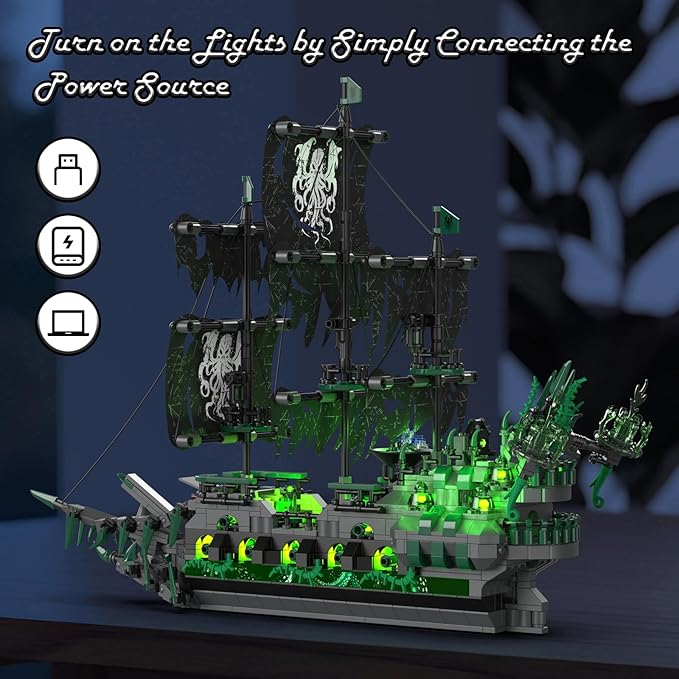 JMBricklayer Pirate Ship Building Toys with Lights, Ghost Ship Flying Dutchman Model Ship Boat 40001, Toy Building Sets for Adults, Halloween Decor Christmas Birthday Gifts for Boys Girls 14+