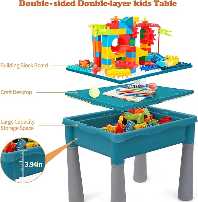 Double-Sided Kids Activity Table with Storage, 105pcs Large Marble Run Building Blocks Table 5-in-1 Multi 1 2 3 Year
