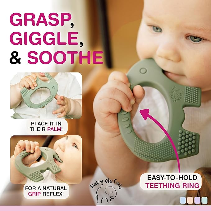 Teethers for Babies 6-12 Months - Baby Elefun 5x Pain Relief Toddler Teether. No More Ouch for Mom Anti Bite Trainer. Nurtures Grasping, Passing