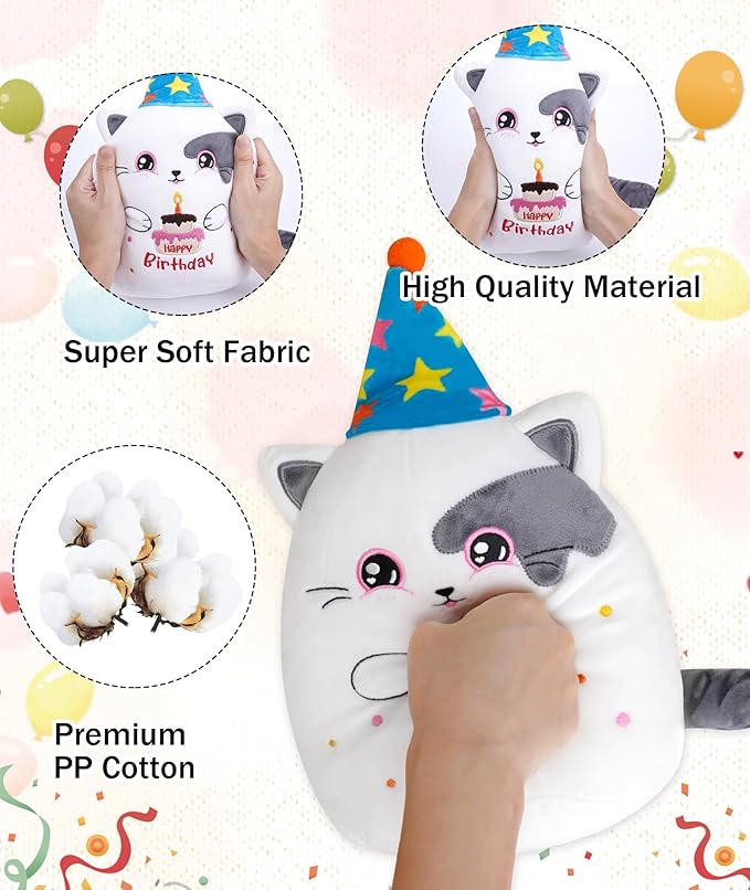 Birthday Stuff Cat Plush Gift - Adorable Blue White Cat Stuffed Doll, Cute Birthday Hat and Cake, Soft Huggable for Kids' Gifts, Cute Decor, 8 Inch