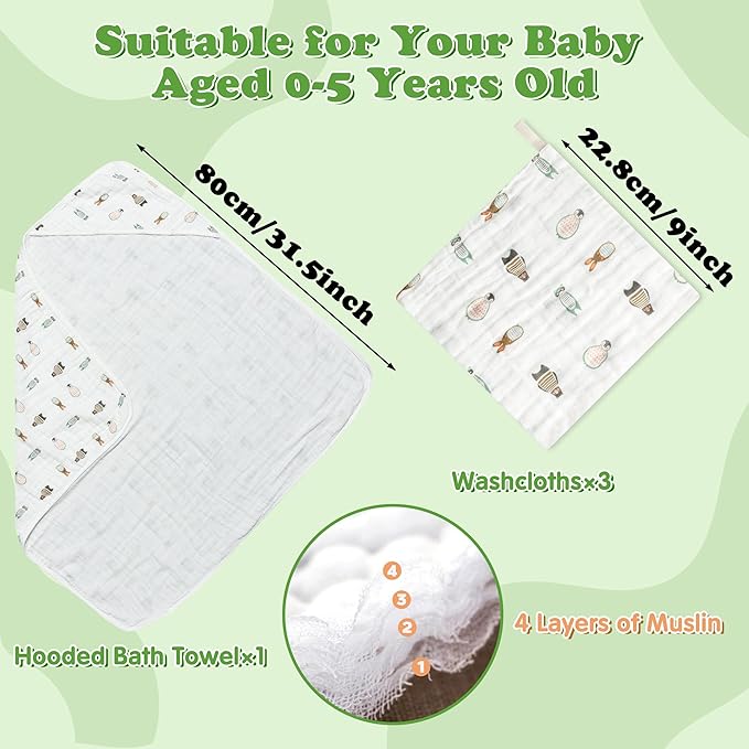 Zainpe 4Pcs Muslin Baby Hooded Towel & Washcloth Set Penguin 31.5 x 31.5 in