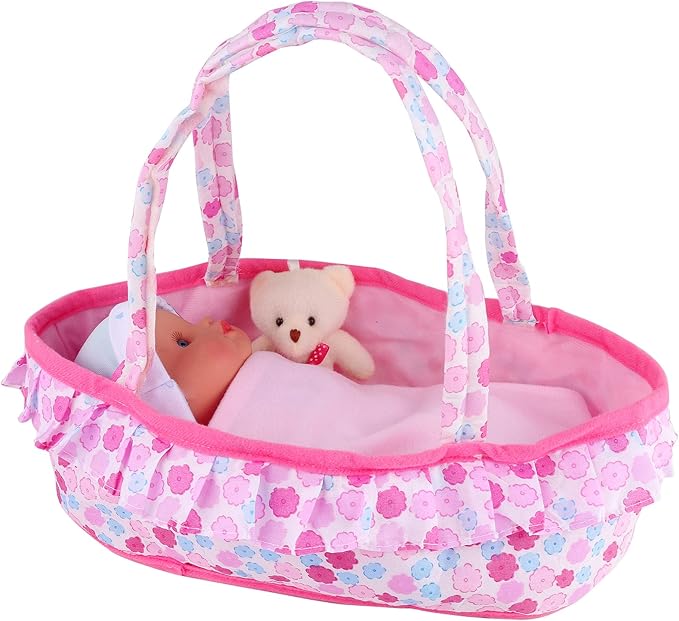 Baby Doll Cradle Bassinet Portable Doll Carrier Carry Bag,Soft Pillow Quilt Plush Bear Doll Clothes Outfit 8-9-10-11-12 Inch