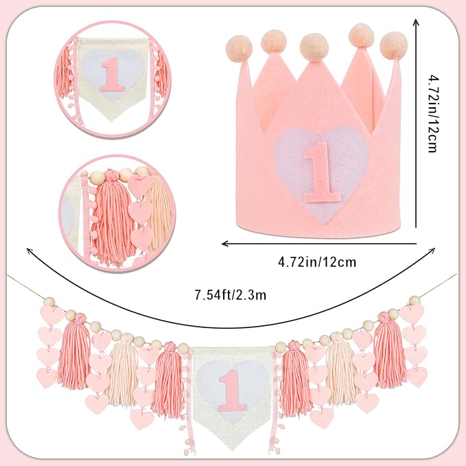 1st Birthday Decorations for Girl High Chair Banner with Crown