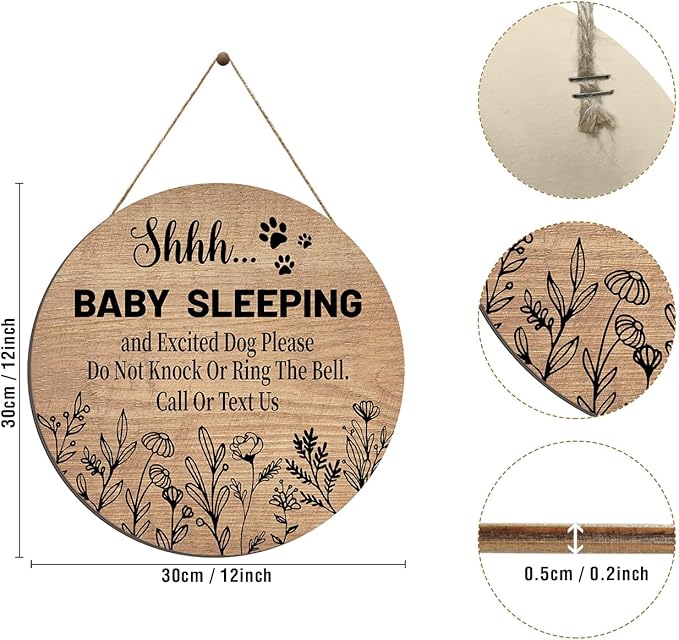 Pigort Funny Baby Sleeping Hanging Sign Plaque, Do Not Knock Or Ring The Bell (12x12inch) (Round-Brown)