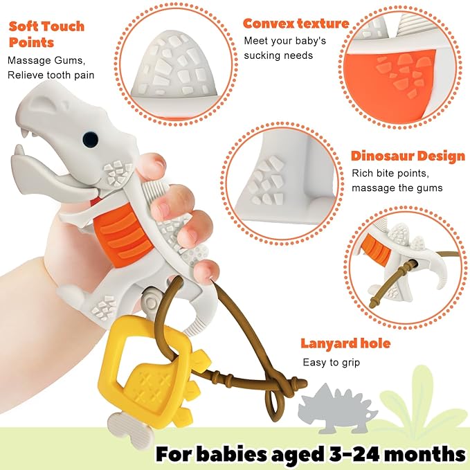 Baby Teething Toys - Dinosaur Silicone Baby Teethers Relief 0-6 6-12 12-18 Months,