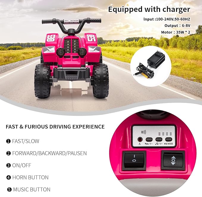 Hetoy 6V Kids Ride On Electric ATV, Ride Car with LED Headlights 1-3 Boys