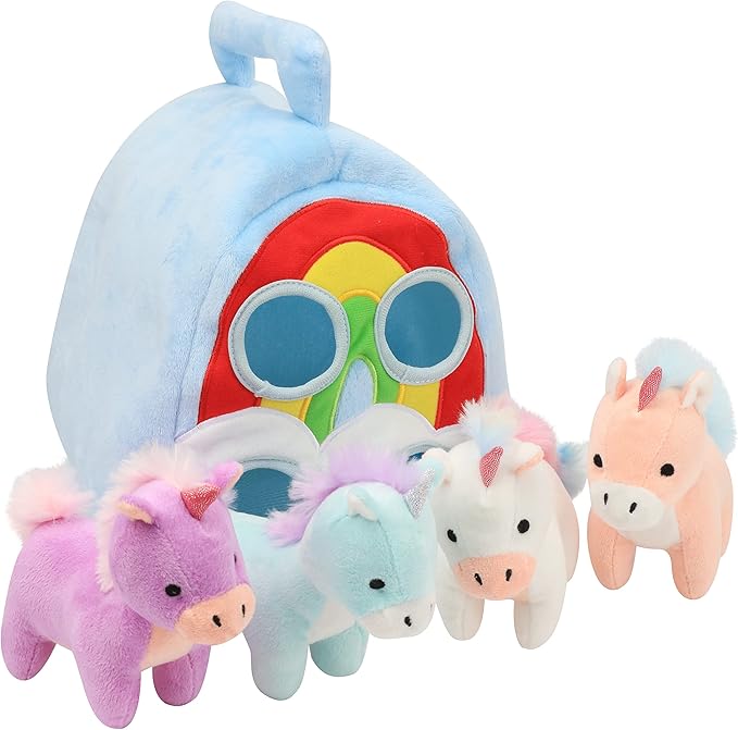 Hopearl Unicorn Plush Rainbow Bag with 4 Baby Unicorns Stuffed Animals Play Set Toy House with Handle Plush Toy Set Gifts for Girls Toddlers Age 3, 4 5, 6, 7, 8 11''