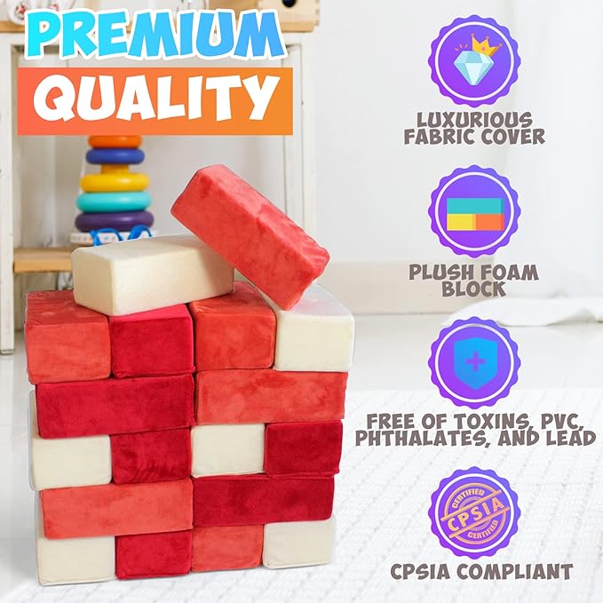 The Original Premium Plush Building Block for Kids - Certified Safe Foam Blocks in Luxuriously Soft Fabric Covers 24 (Brick