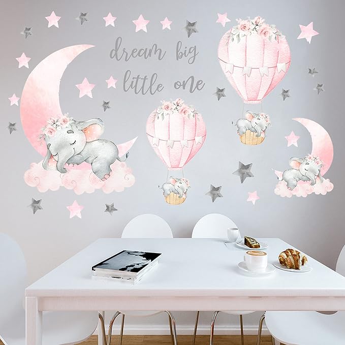 Dream Big Little One Elephant Wall Stickers, Pink Moon Hot