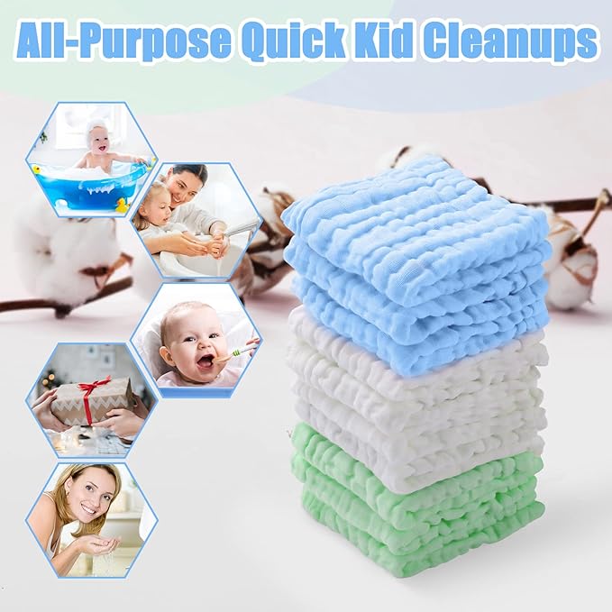 MUKIN Baby Washcloths - Natural Cotton Baby Wipes 10 Pack 12x12 inches
