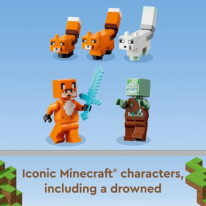 LEGO Minecraft The Fox Lodge House 21178 Animal Toys with Drowned Zombie Figure, Birthday Gift for Grandchildren 8 and
