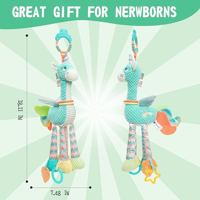 Koty Unicorn Hanging Toys, Plush Baby Rattles Crinkle Squeaky Toys 0 3 6 9 12 Months,Montessori