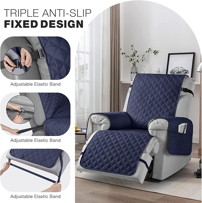 TAOCOCO Non-Slip Recliner Chair Cover Sofa Slipcover, Pet Cover for Small Recliner Chair with Elastic Straps, Washable Reclining Chair Cover Recliner Furniture Protector (23'' Small, Dark Blue)