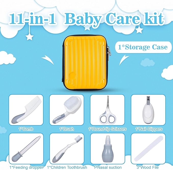 Little Angel Baby Healthcare and Grooming Kit, Safety Newborn Nursery Care Set, with Hair Brush Comb, Nail Clipper, Nasal Aspirator for Newborn Infant Baby Girls Boys (Yellow)