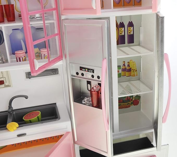 PowerTRC Doll Kitchen Play Set, Mini Modern Toy Pink Kitchen Pretend Play Furnitures Toy Set Accessories Set with Realistic Light & Sound for Kids Toddlers Girls (3-in-1)