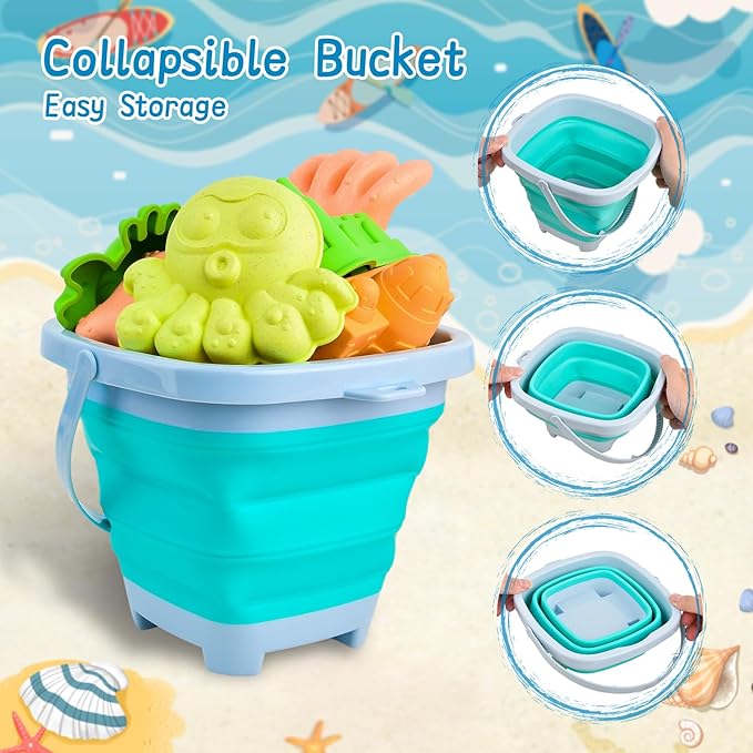 Collapsible Beach Sand Toys for Toddler Sand Toys for Kids 2 Packs Foldable Buckets with Sand Molds,Shovels for Beach 3 4 5 6 7 8+