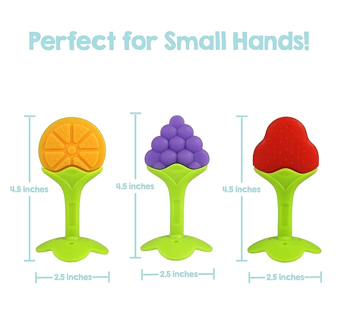 RaZbaby Infant & Baby Massager & Teether Toy 3-Pack, Fruit-Shaped Multi-Texture Teethers Soothe Sore Gums 3M+