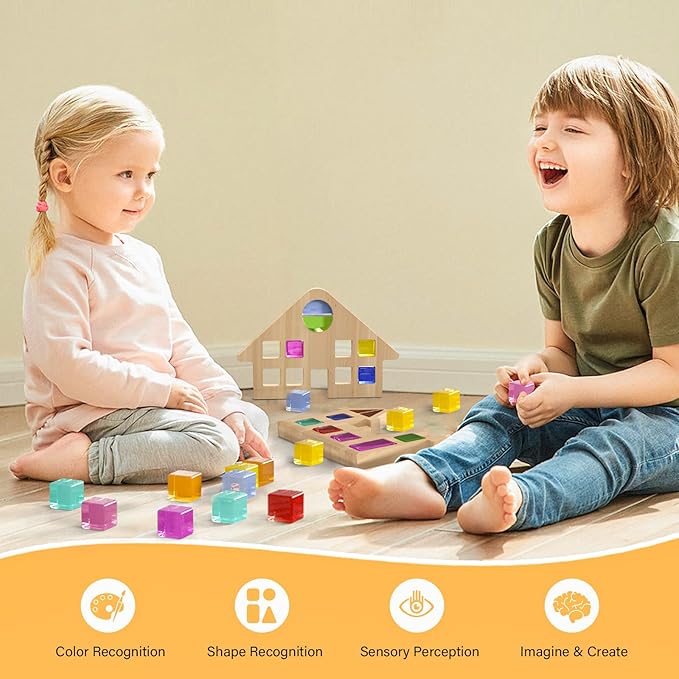 BESFAN Building Blocks Set, Acrylic Rainbow Gem Cubes Stacking Toy with 2 Wooden Castle 3+ Year