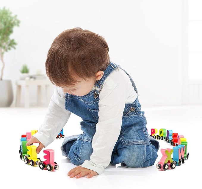 Wondertoys 27 PCS Wooden Alphabet Train Toy Wooden Magnetic Alphabet ABC Train Set Includes 1 Engine Letter Cars for Toddlers Boys and Girls, Compatible with Major Brands Train Set Tracks