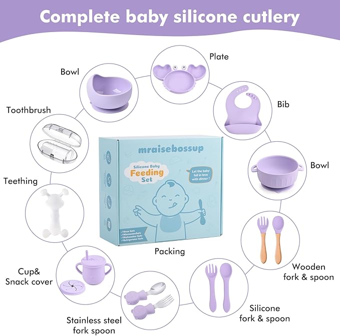 Silicone Baby Feeding Set 15 Pcs,Baby Spoons Suction Bowl Divided Plate Bib Cup Finger Brush Teething Teether,Baby Led Weaning Supplies,Baby & Toddler Silicone Plates and Bowls Dining Set(purple)