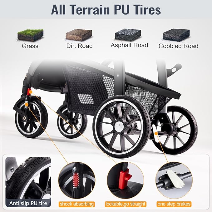 Baby Stroller, 2-in-1 Reversible ToddlerSeat with Lie-Flat Mode, Foldable Infant Stroller with Canopy, One Button Brake, Adjustable Handle, Newborn Pushchair (Gray B)