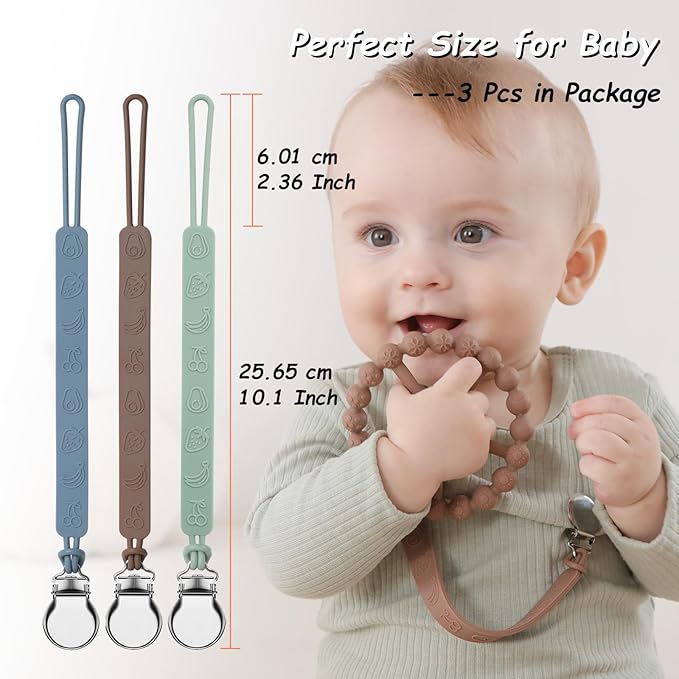 Silicone Pacifier Clip, Seposeve Pack of 3 Baby Pacifier Teether Clip with 4 Texture