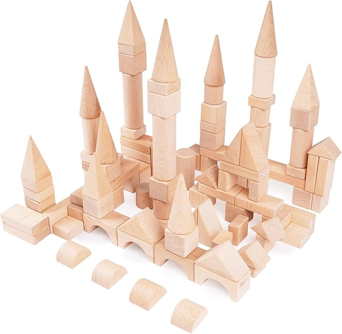 100Pcs Wooden Building Blocks Set- Wood Stacker Stacking Blocks Game Toys for Toddlers, Multiple Shapes