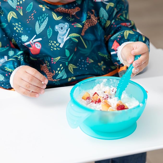 Bumkins Baby Bowl, Silicone Feeding Set with Suction for Baby and Toddler, Includes Spoon and Lid, First Feeding Set, Training Essentials for Baby Led Weaning for Babies 4 Months Up, Blue Jelly