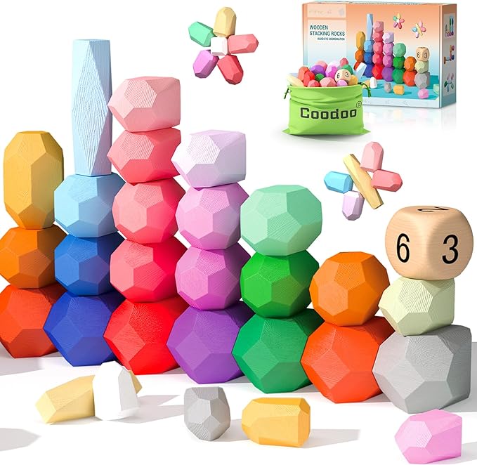 Toddler Toys Wooden Stacking Rocks Big Dice Set, Preschool Learning Activities Classroom Supplies Building Blocks 1+ Year