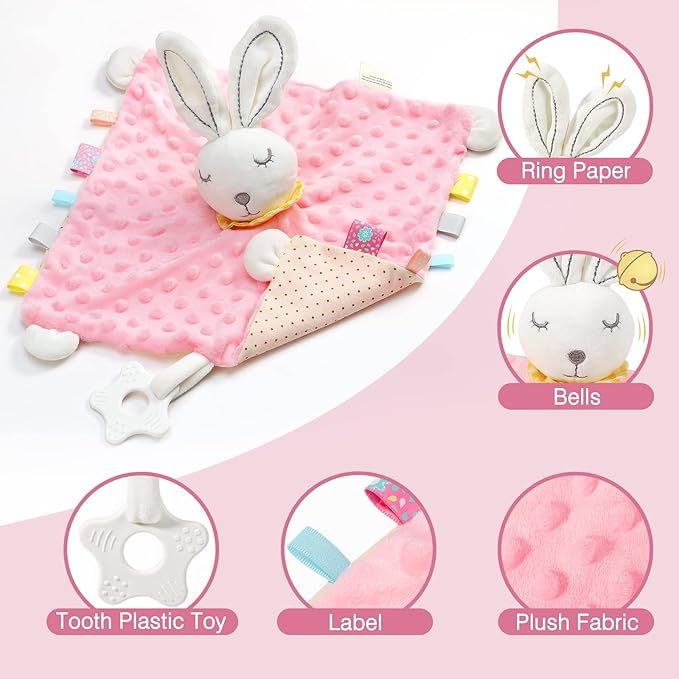 Zooawa Loveys for Babies, Security Blanket Soft Stuffed Animal Bunny Lovey Unisex Lovie Baby Stuff Snuggle Blanket with Tags Teether Bells