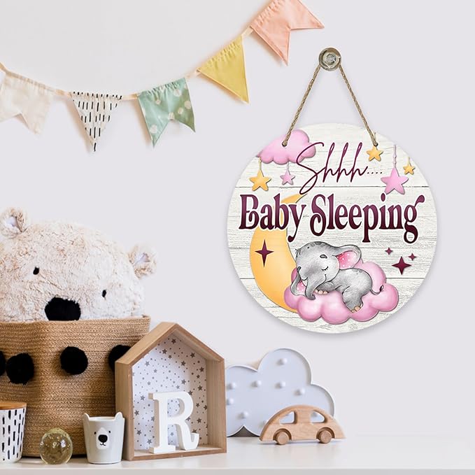 Deroro Shhh Baby Sleeping Front Door Sign, Elephant Moon Pink Cloud Stars Wood Door Hanger Outdoor Porch Nursery Decor
