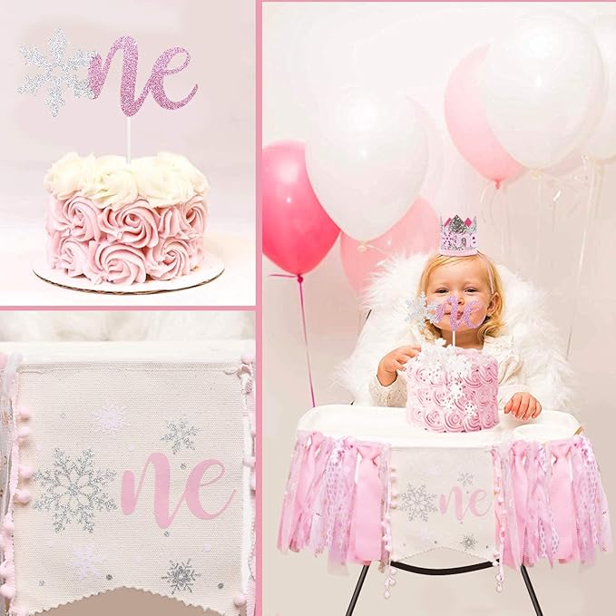 Winter Onederland Highchair Banner, Snowflake One Cake Topper Crown Hat