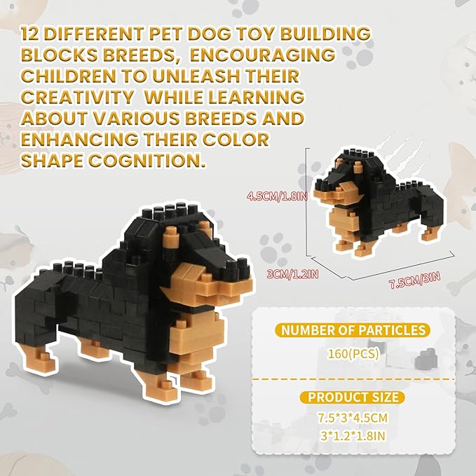 BOROLA Pet Dog Building Blocks Set Educational Toy Realistic Fun Animal Assembly Kit Toys Games(Mini Dachshund Blocks)