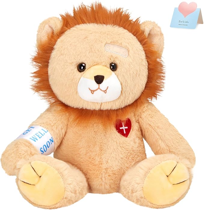Houwsbaby 12" Get Well Soon Lion Stuffed Animal,Brown Get Well Soon Lion Plush Toy