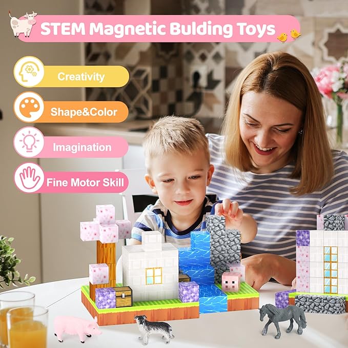 Magnetic Blocks 110PCS with 6 Animal Toys, Building Blocks Set, Toys for Boys & Girls Age 4-6,6-8, STEM Montessori Stacking Building Toys for Toddlers Kids 3+(Cherry & Animal)