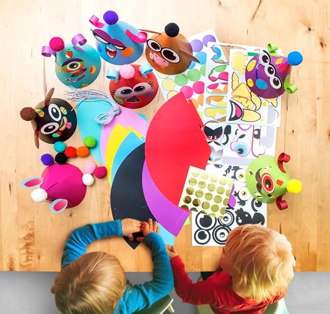 Glittery Garden 24 Pcs Party Hats Birthday Activity Kit with Stickers - Kids Fun Arts & Crafts. Make Your Own Animal & Monster Theme Party Favors & Game Supplies