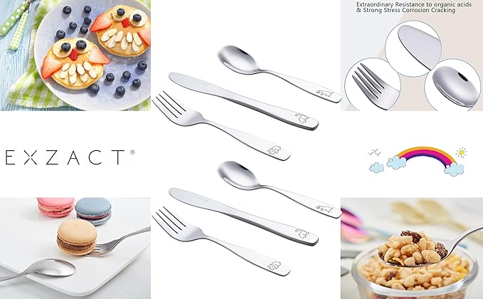 Exzact Kids Flatware 6 Pieces Stainless Steel Children Silverware 2 x Forks, 2 x Knives, 2 x Spoons,Toddler Utensils, Dishwasher Safe, 24 Months+ (Dinosaurs Engraved)