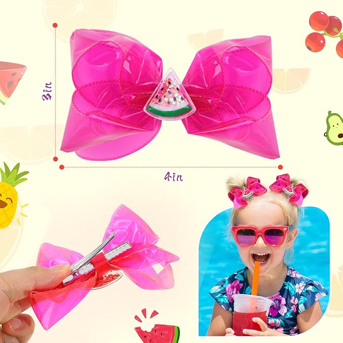Waterproof Jelly Hair Bows, Multi-colored PVC Summer Swim Pool Bow Clips Transparent Hair Accessories for Girls Toddler Infants Kids Teens Children (Fruit Jelly Bow 4inch)