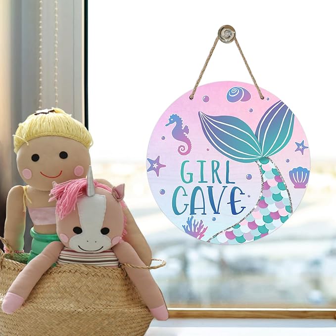 Girl Gave Ocean Mermaid Front Door Sign, Pink Coastal Wood Door Hanger Outdoor Outside Porch Nursery Decor