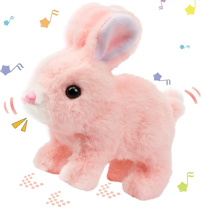 Hopearl Hopping Rabbit Interactive Electronic Pet Plush Bunny Toy with Sounds and Movements Animated Walking Wiggle Ears Twitch Nose Gift for Toddlers Birthday, Pink 7''