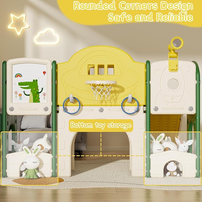 10 in 1 Toddler Slide for Toddlers Age 1-3, Extra-Long Slide with Basketball Hoop Indoor and Outdoor Baby Climber Playset Playground Freestanding Slide (Large