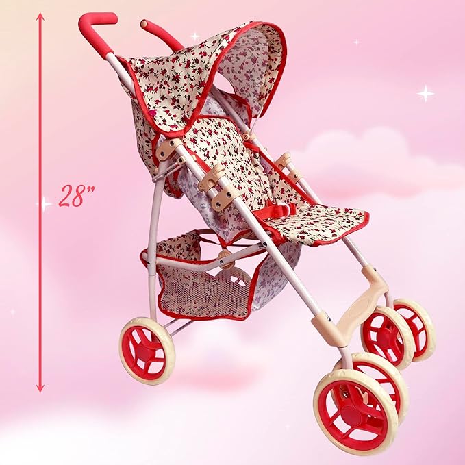 Baby Doll Stroller for Toddler Girls & Big Kids up to 8 Years Old | 28” Baby Stroller for Dolls, Toy Baby Stroller with Cute Coral Floral Print