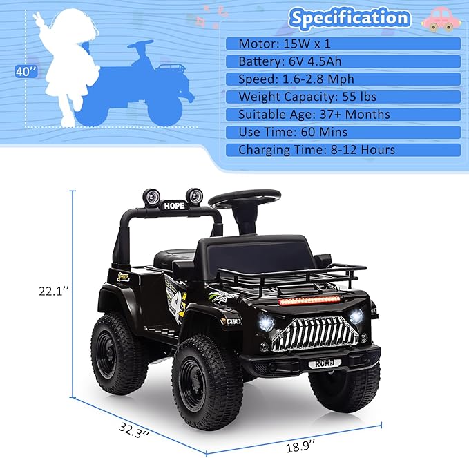 Hetoy 6V Ride On Car for Toddlers - Battery Powered Electric Car for Kids with Music, LED Light 4 Wheels 3-6 Years,