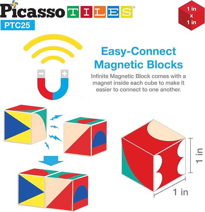 PicassoTiles Infinite Magnetic Puzzle Magic Cube Easy-Connect Brain Teaser Toy 150+ Inspirations Age3+ PTC25