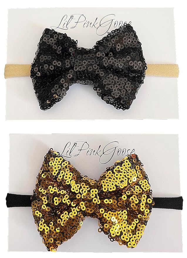 Baby Girls Neon Glitter Sequins Bow Headbands for Newborn to 1 Year Up Toddlers (Black,Black Gold 2 Count 1))
