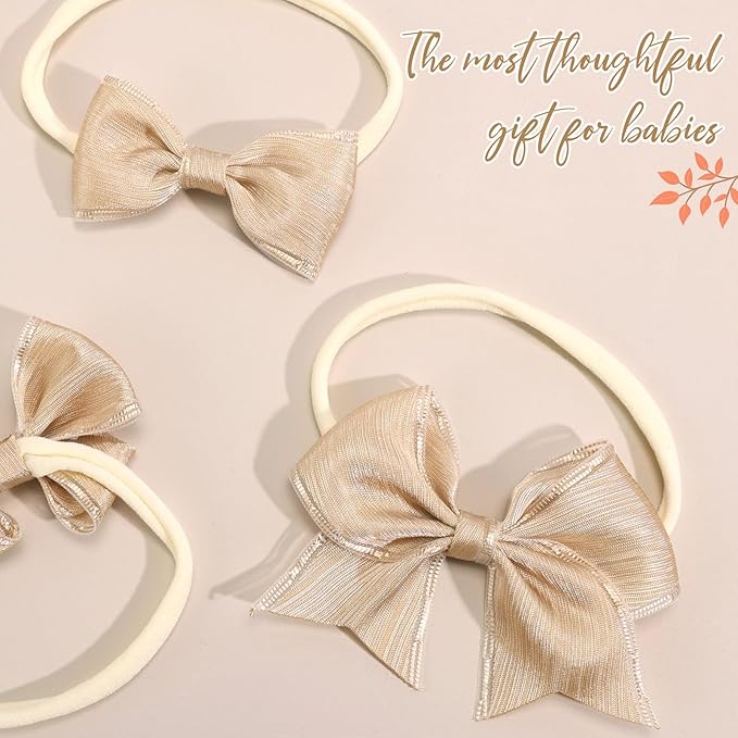 3PCS Baby Girl Bows Soft Stretchy Nylon Headbands Handmade Gold