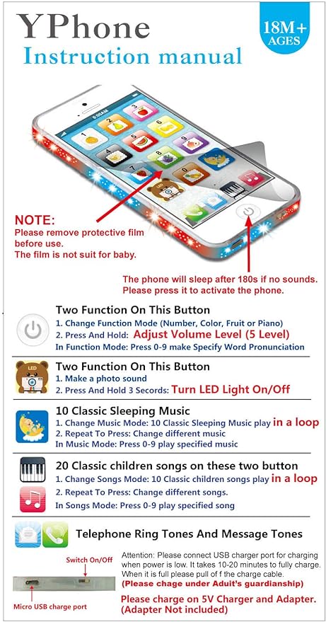 Yphone, Pretend Smart Mobile Toy Phone for Toddler Baby & Kids