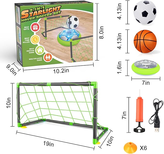 Hover Soccer Ball with 2 Goals-Boy Toys Rechargeable Air Floating Soccer Toy with LED Lights and Foam Bumper, Indoor Games for Kids 4-8-12 3 4 5 6 7 8 9 Year
